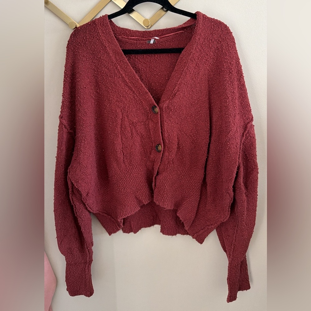 Free People Deep Mauve Red Textured V-Neck Cardigan
